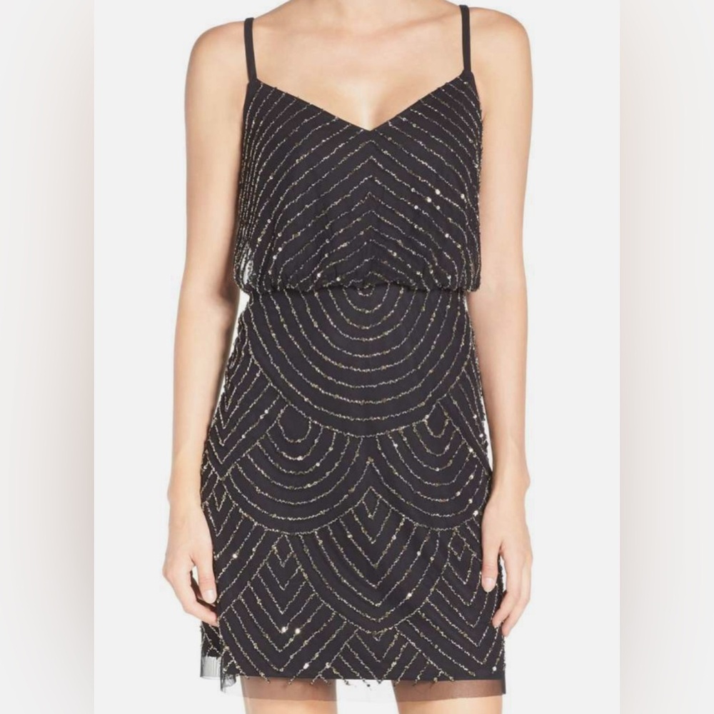 Beaded Dress: Adrianna Papell Black and Silver Beaded Mini Dress